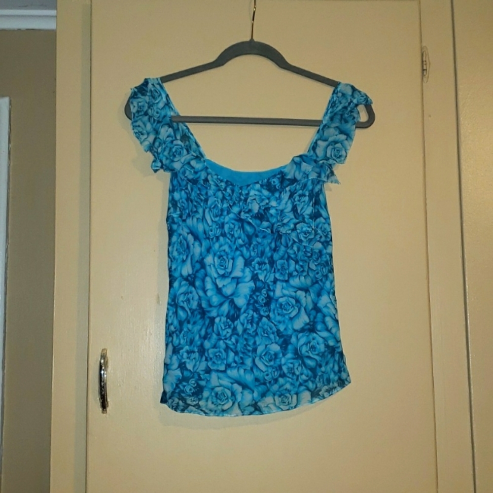 Ann Taylor Blue Cream Ruffle Silk Tank Small Vintage